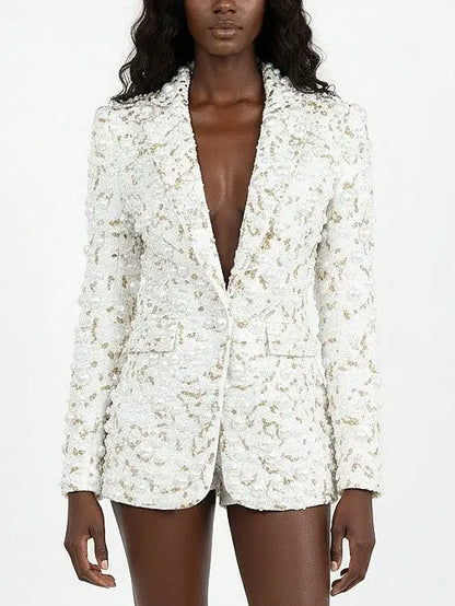 Pearl & Gold Beaded White Tailored Blazer - Jackets