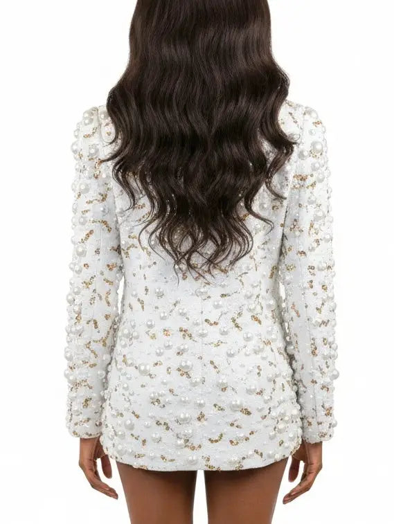 Pearl & Gold Beaded White Tailored Blazer - Jackets
