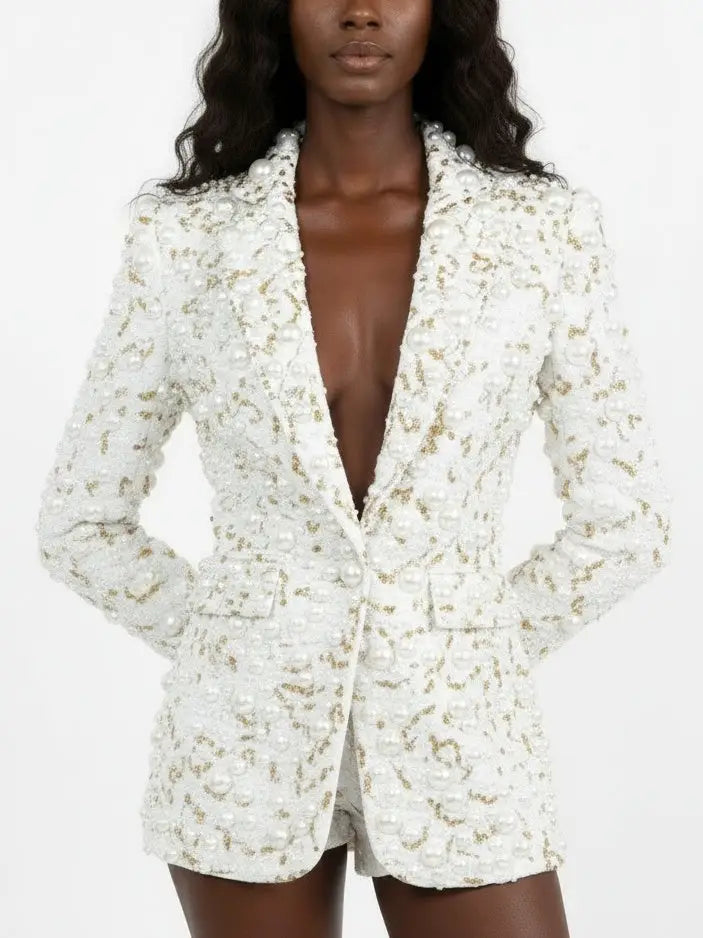 Pearl & Gold Beaded White Tailored Blazer - Jackets