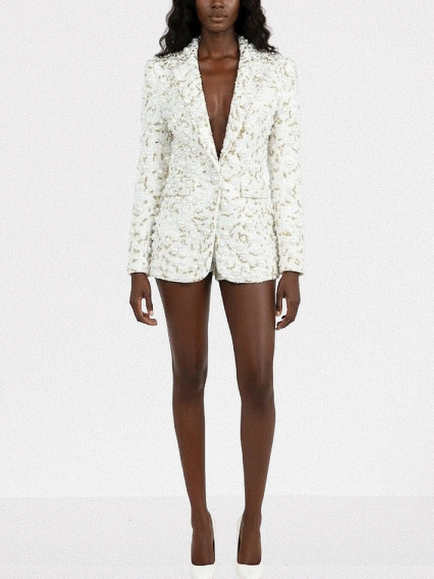 Pearl & Gold Beaded White Tailored Blazer - Jackets
