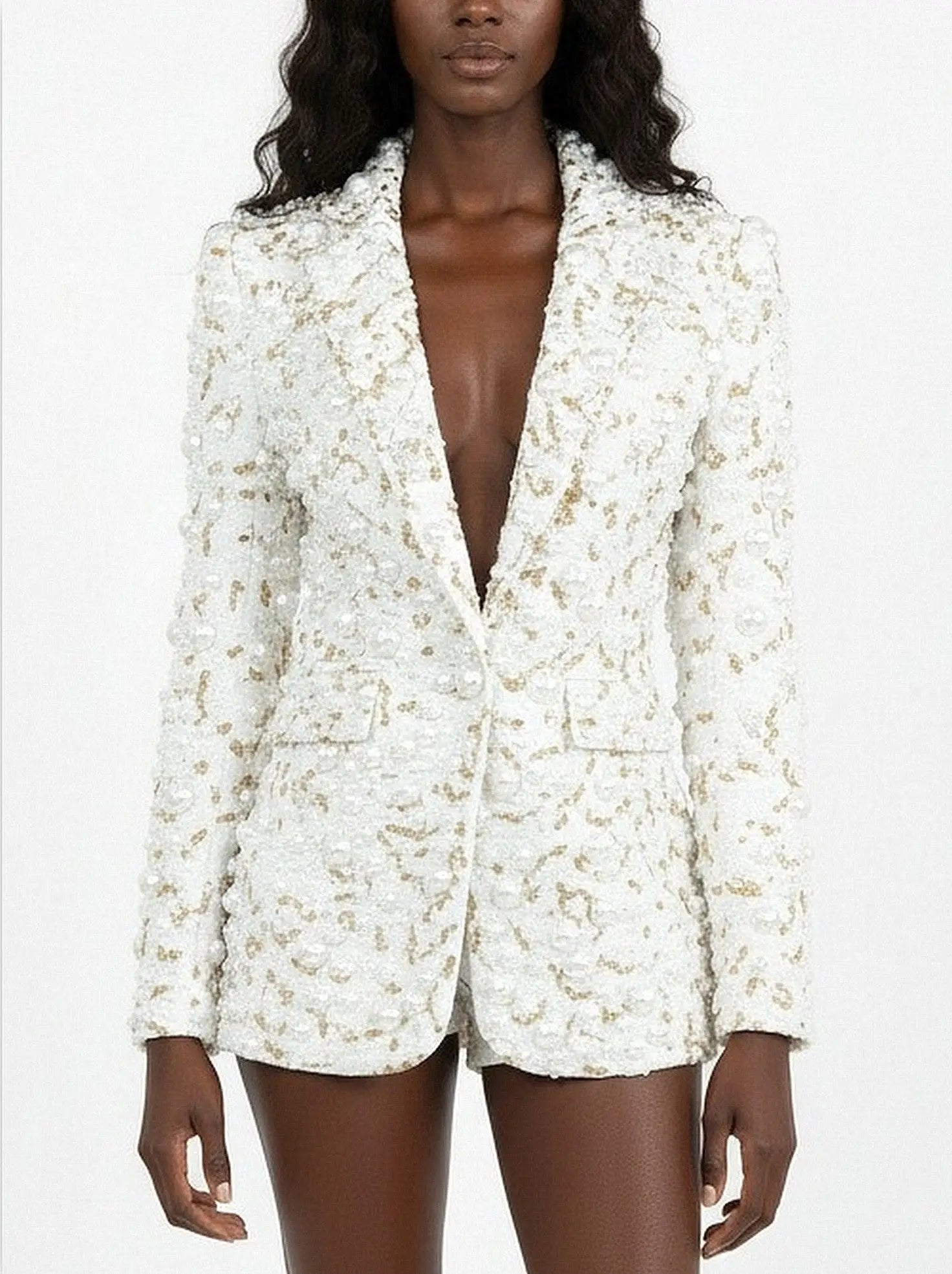 Pearl & Gold Beaded White Tailored Blazer - Jackets