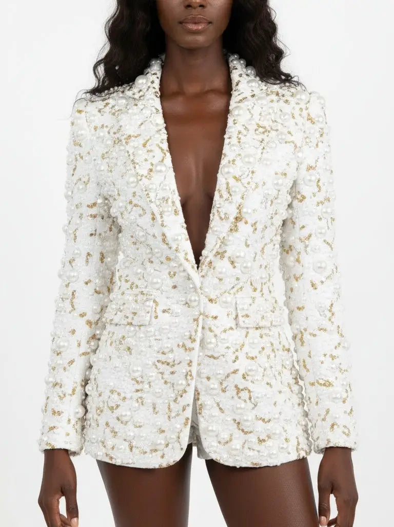 Pearl & Gold Beaded White Tailored Blazer - XS - Jackets