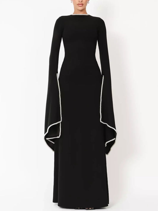Pearl-Trim Long Black Gown - S - Dresses