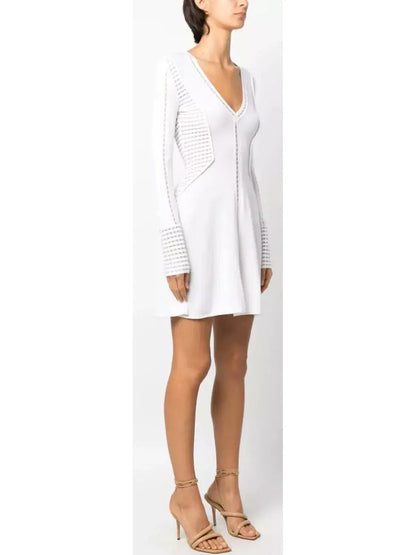 Perforated-Detailing V-Neck Dress White - Dresses