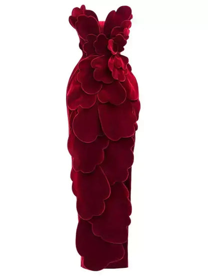 Petal Appliques Strapless Long Red Velvet Dress - Dresses