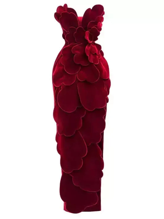 Petal Appliques Strapless Long Red Velvet Dress - Dresses