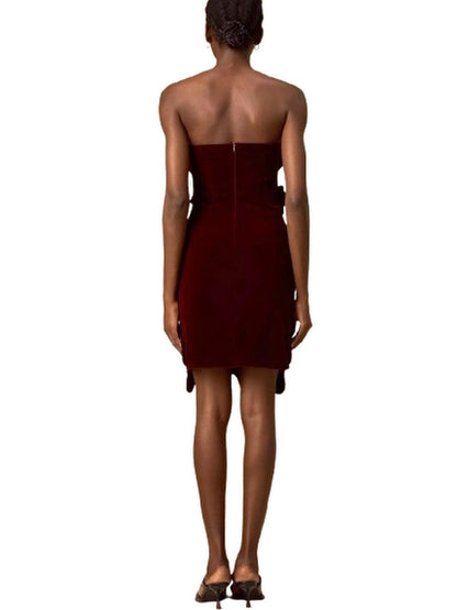 Petal Appliques Strapless Red Short Velvet Dress - Dresses