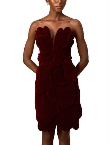 Petal Appliques Strapless Red Short Velvet Dress - Dresses
