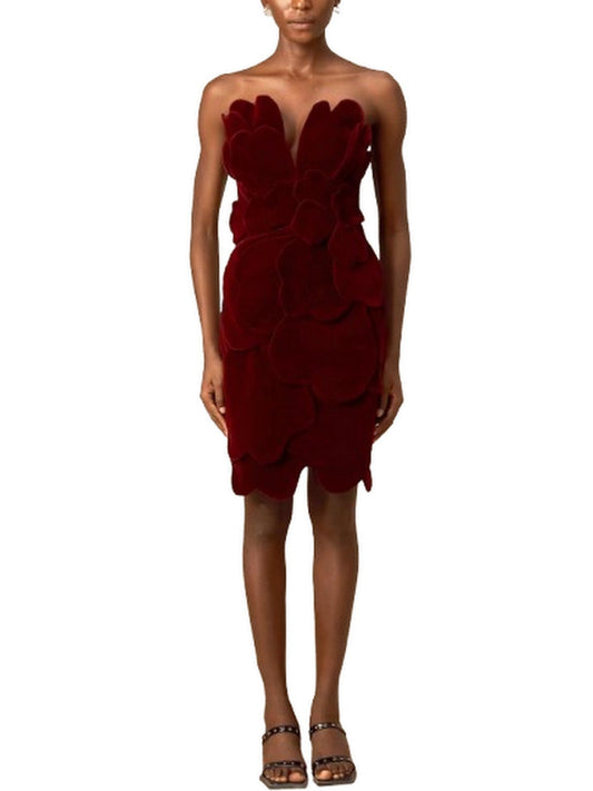 Petal Appliques Strapless Red Short Velvet Dress - Dresses