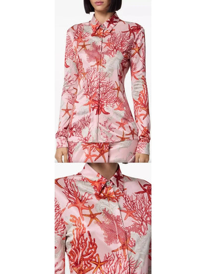 Pink and Red Sea Printed Fitted Shirt - Tops