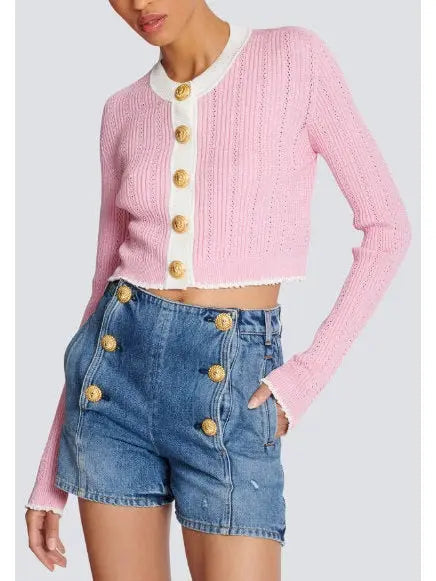 Pink and White Cropped Knit Cardigan - Sweaters & Knitwear