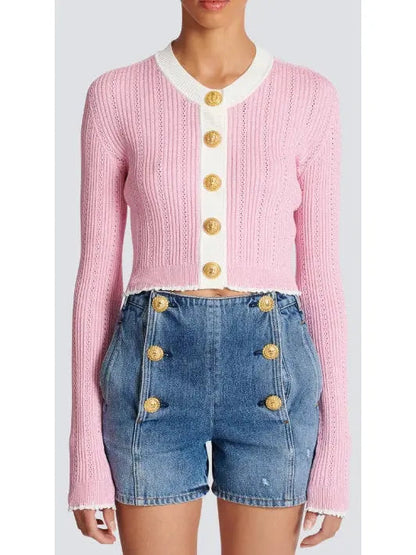 Pink and White Cropped Knit Cardigan - Sweaters & Knitwear