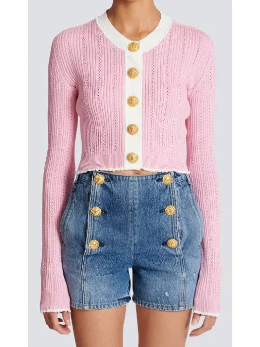 Pink and White Cropped Knit Cardigan - Sweaters & Knitwear