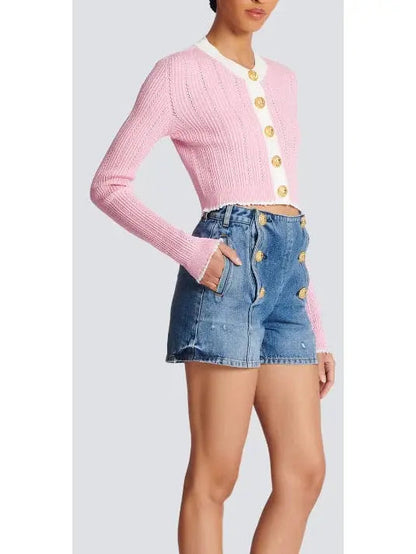 Pink and White Cropped Knit Cardigan - Sweaters & Knitwear