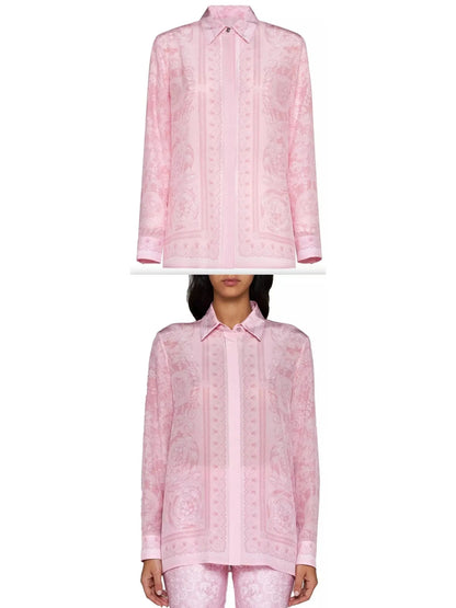 Pink Barocco Printed Silk Satin Shirt - Tops