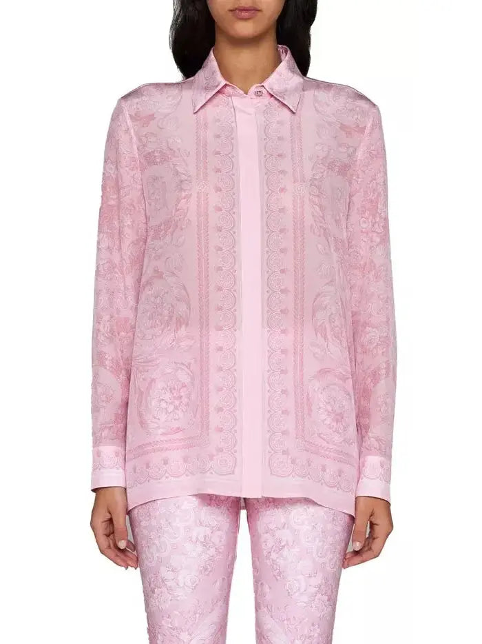 Pink Barocco Printed Silk Satin Shirt - Tops