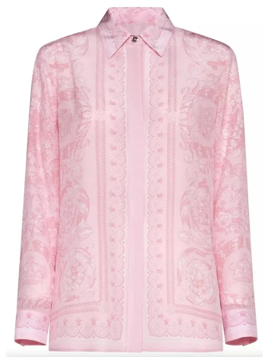 Pink Barocco Printed Silk Satin Shirt - Tops