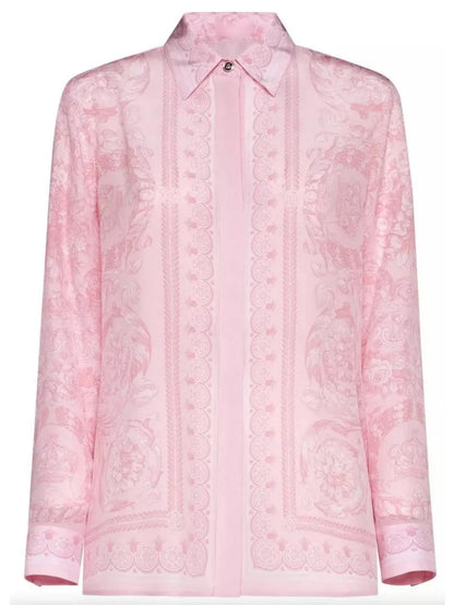 Pink Barocco Printed Silk Satin Shirt - Tops