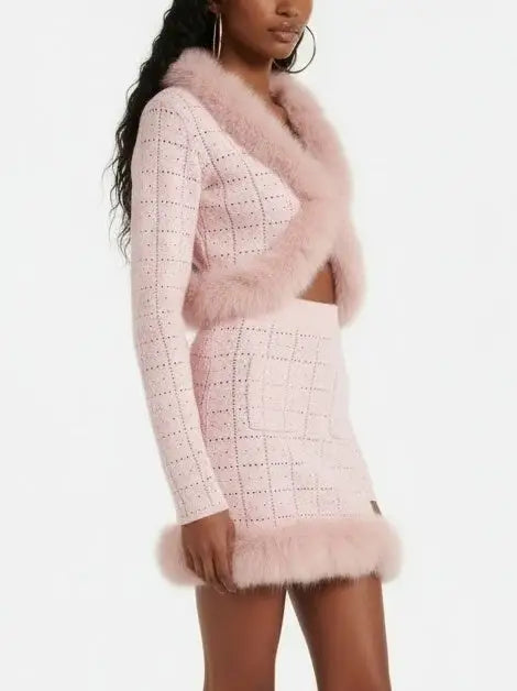 Pink Feather-Trim Knit Cardigan and Skirt Set - Suits & Sets