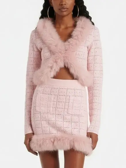 Pink Feather-Trim Knit Cardigan and Skirt Set - Suits & Sets