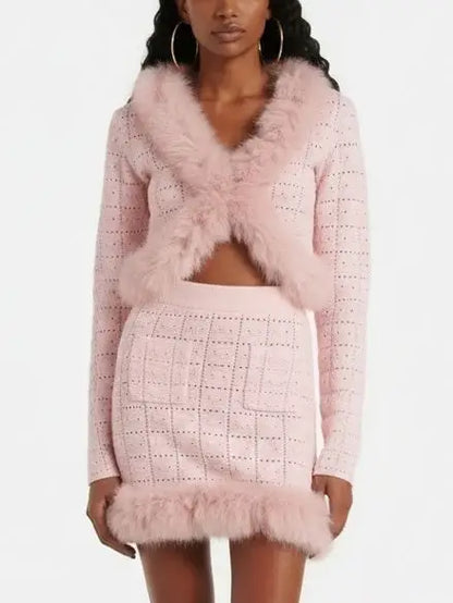 Pink Feather-Trim Knit Cardigan and Skirt Set - Suits & Sets
