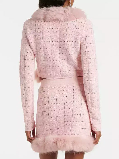 Pink Feather-Trim Knit Cardigan and Skirt Set - Suits & Sets