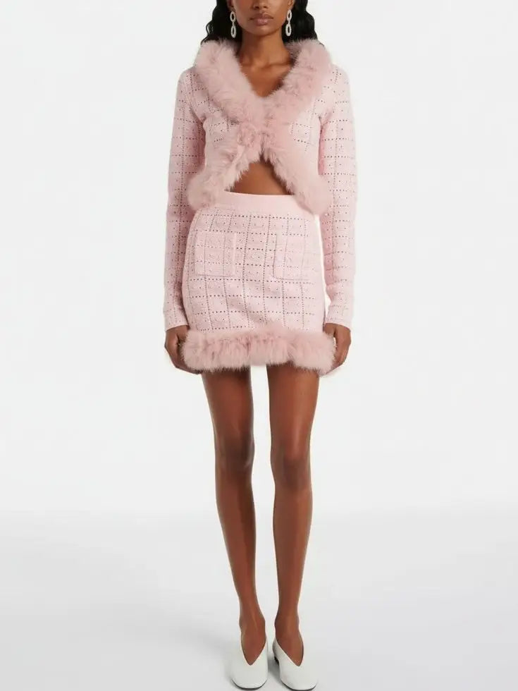 Pink Feather-Trim Knit Cardigan and Skirt Set - Suits & Sets