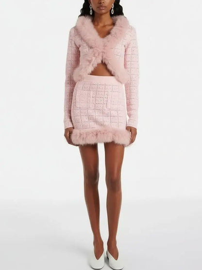 Pink Feather-Trim Knit Cardigan and Skirt Set - Suits & Sets