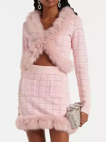 Pink Feather-Trim Knit Cardigan and Skirt Set - Suits & Sets