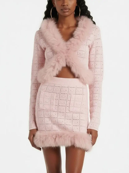 Pink Feather-Trim Knit Cardigan and Skirt Set - Small - Suits & Sets