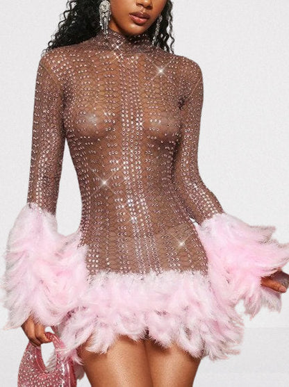 Pink Feather-Trimmed Crystal Embellished Mini Dress - Dresses
