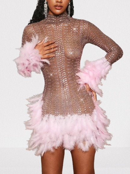 Pink Feather-Trimmed Crystal Embellished Mini Dress - Dresses