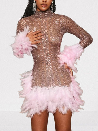 Pink Feather-Trimmed Crystal Embellished Mini Dress - Dresses