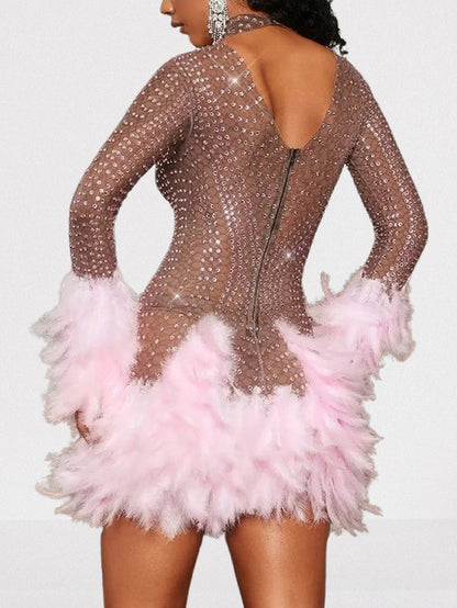 Pink Feather-Trimmed Crystal Embellished Mini Dress - Dresses