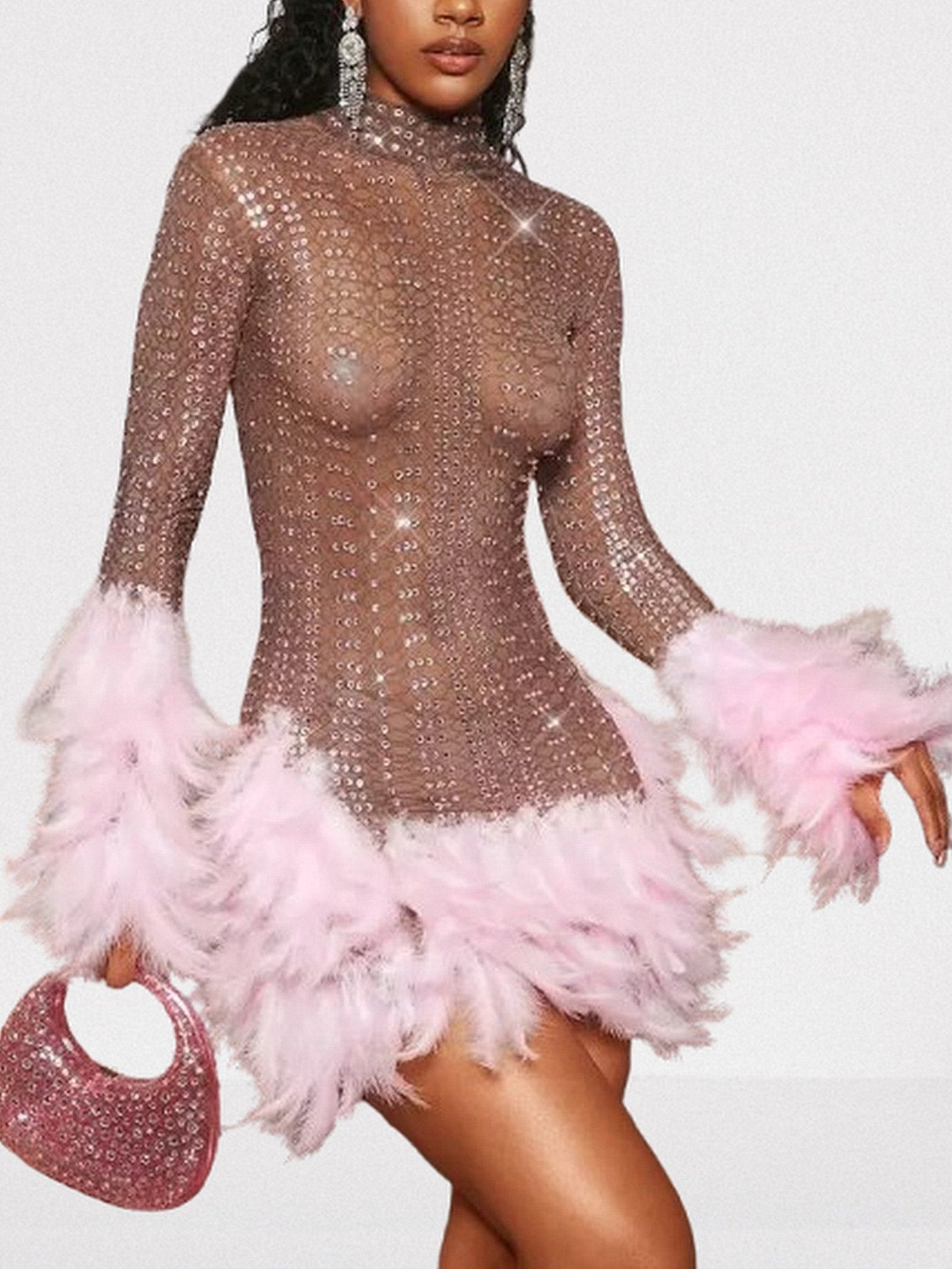 Pink Feather-Trimmed Crystal Embellished Mini Dress - Dresses