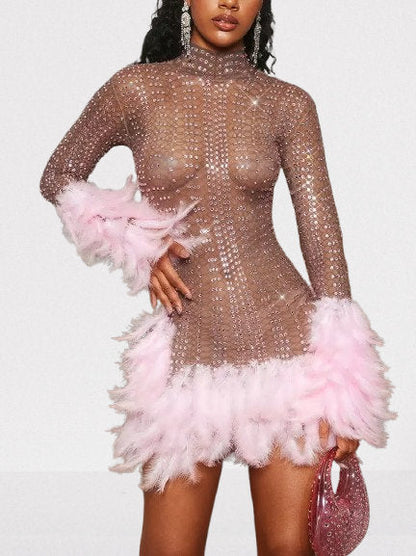 Pink Feather-Trimmed Crystal Embellished Mini Dress - Dresses