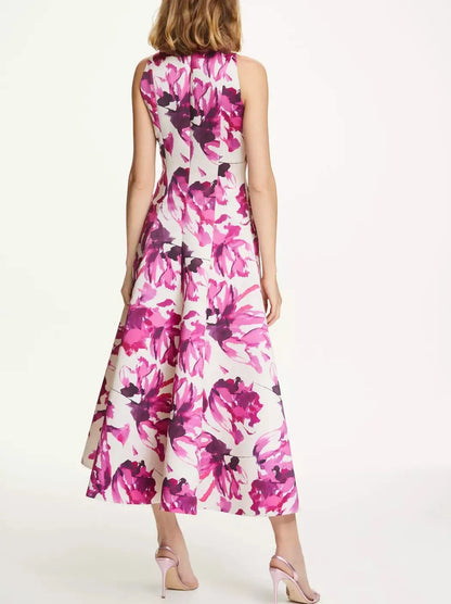 Pink Floral Printed Sleeveless Flared Midi Dress - Dresses