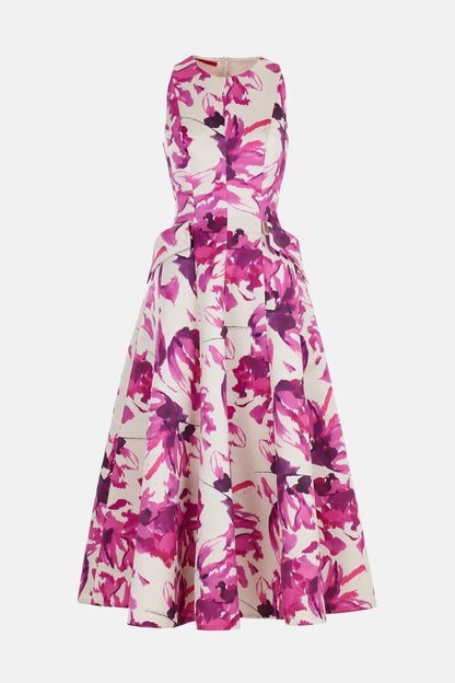 Pink Floral Printed Sleeveless Flared Midi Dress - Dresses