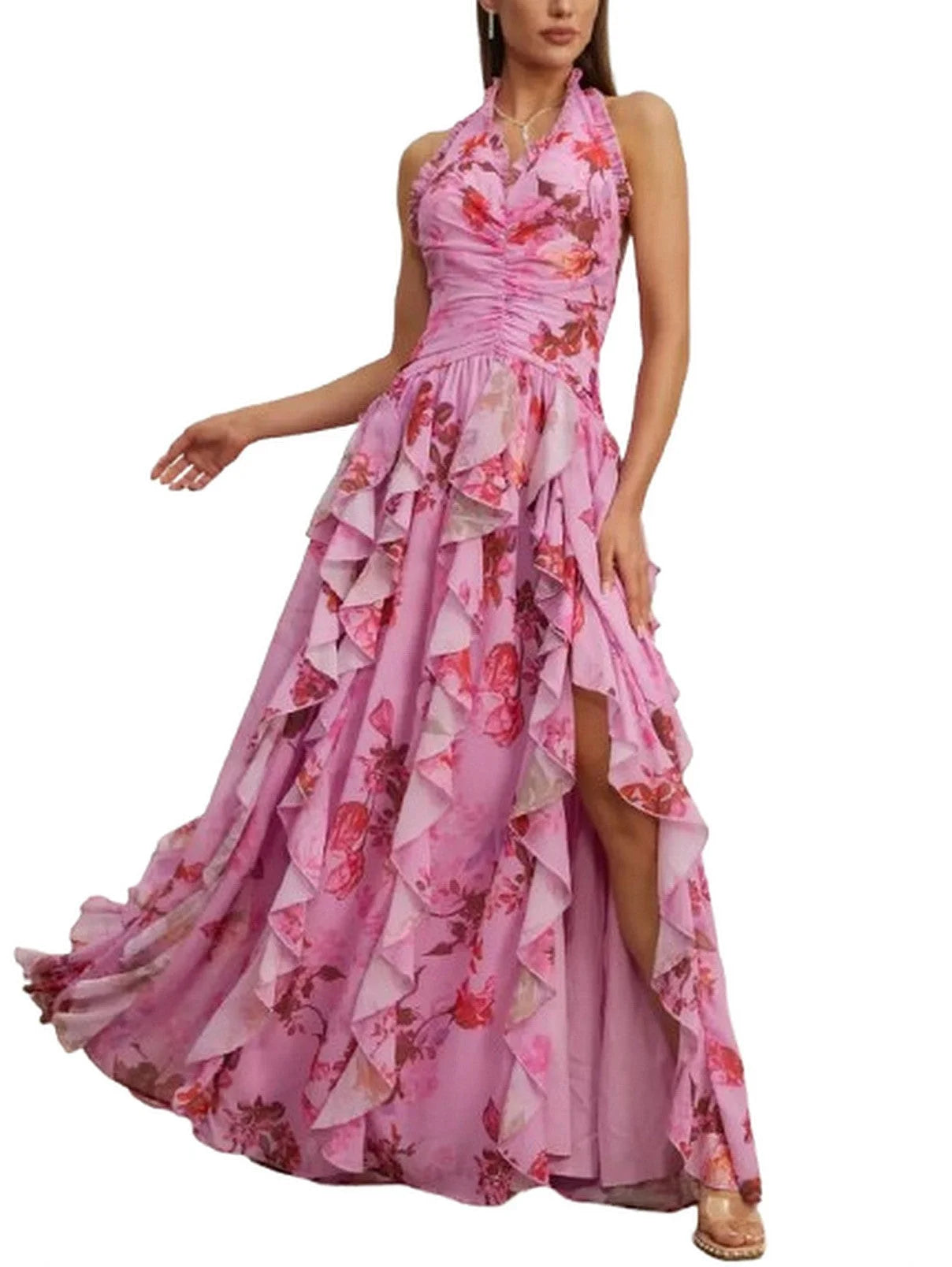 Pink Floral Ruffle Halter Maxi Dress - Dresses