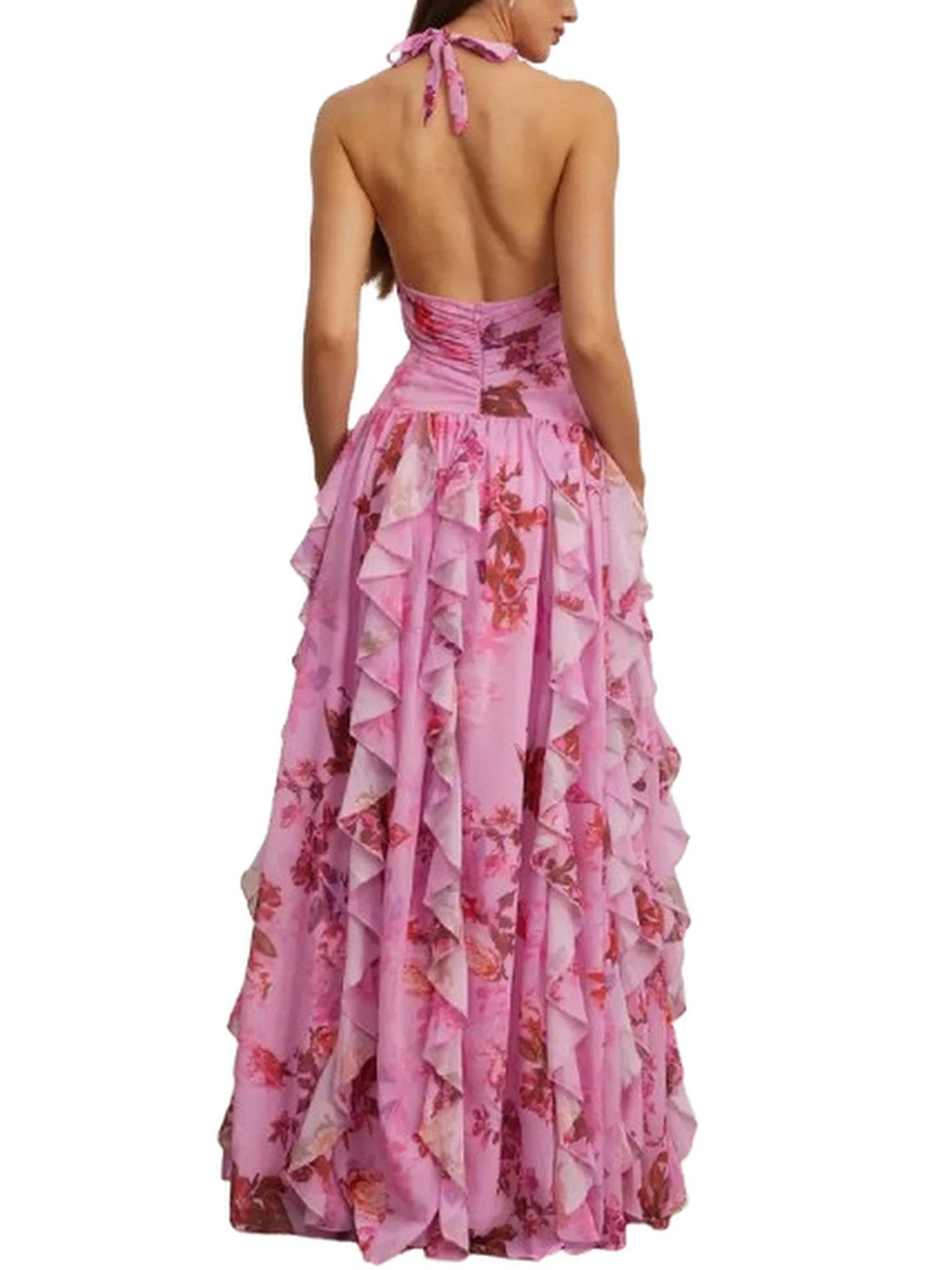 Pink Floral Ruffle Halter Maxi Dress - Dresses