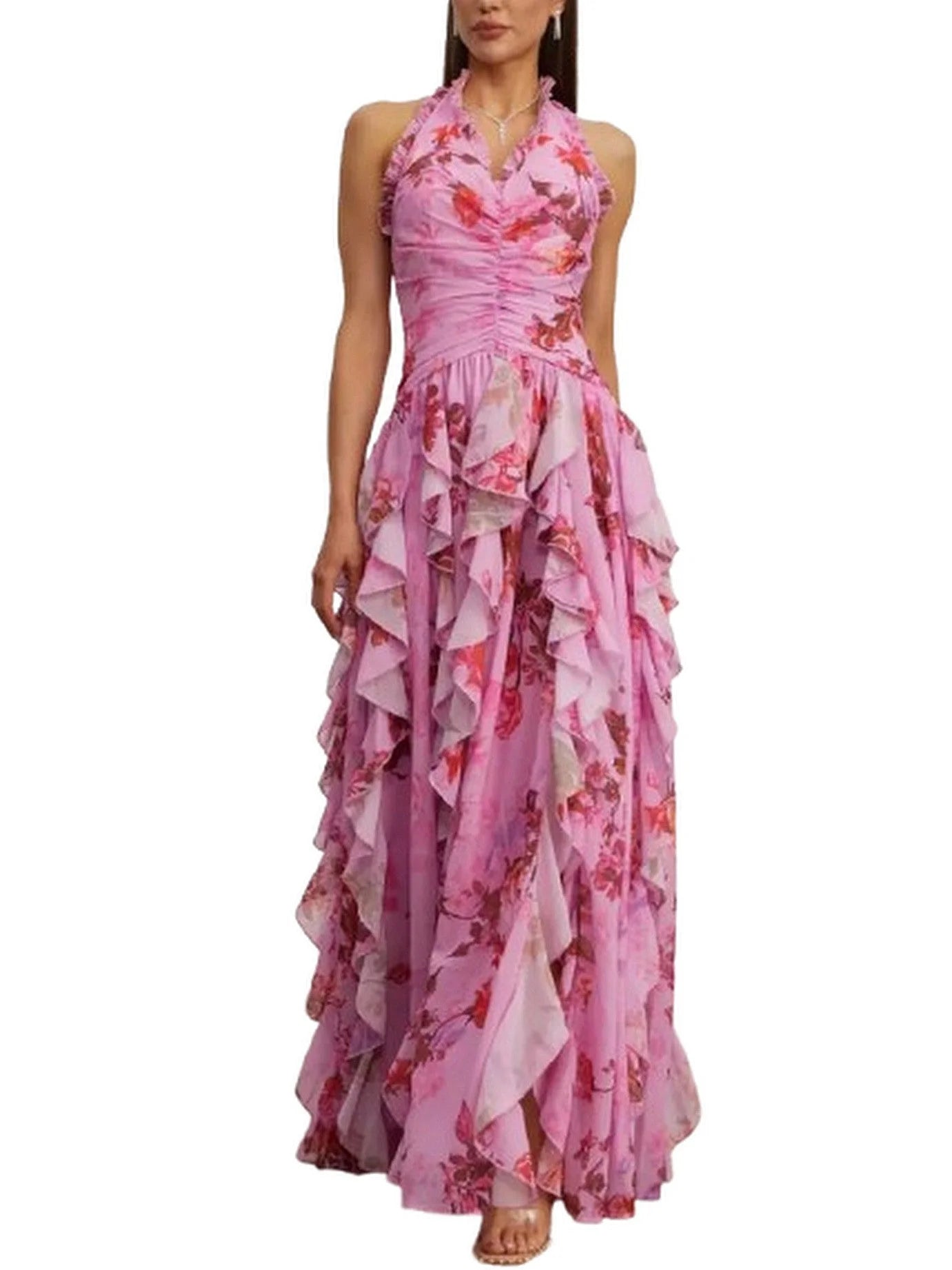 Pink Floral Ruffle Halter Maxi Dress - Dresses
