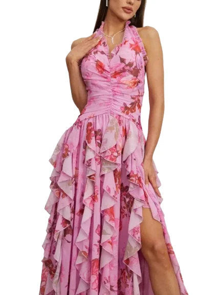 Pink Floral Ruffle Halter Maxi Dress - Dresses