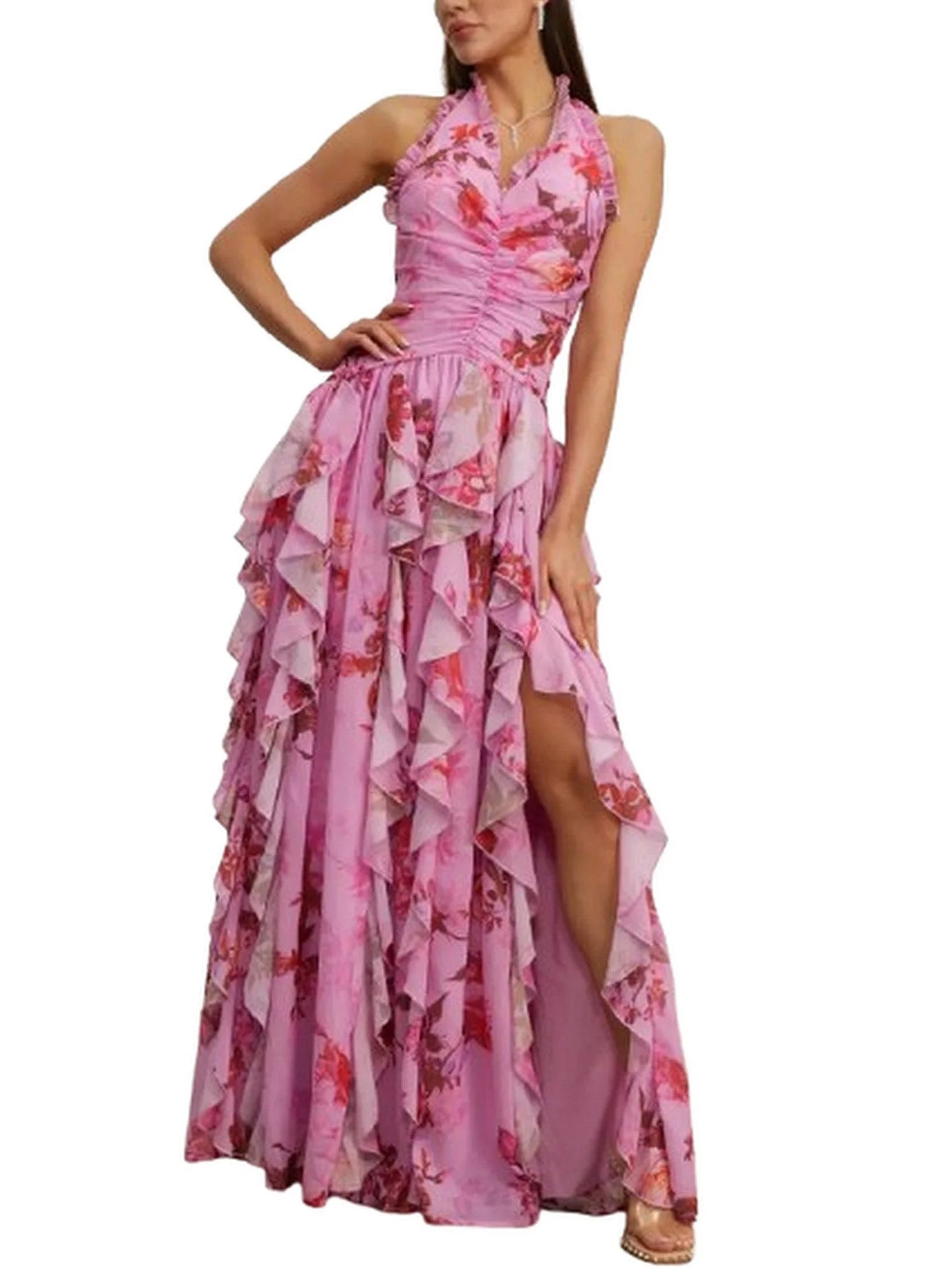 Pink Floral Ruffle Halter Maxi Dress - Dresses