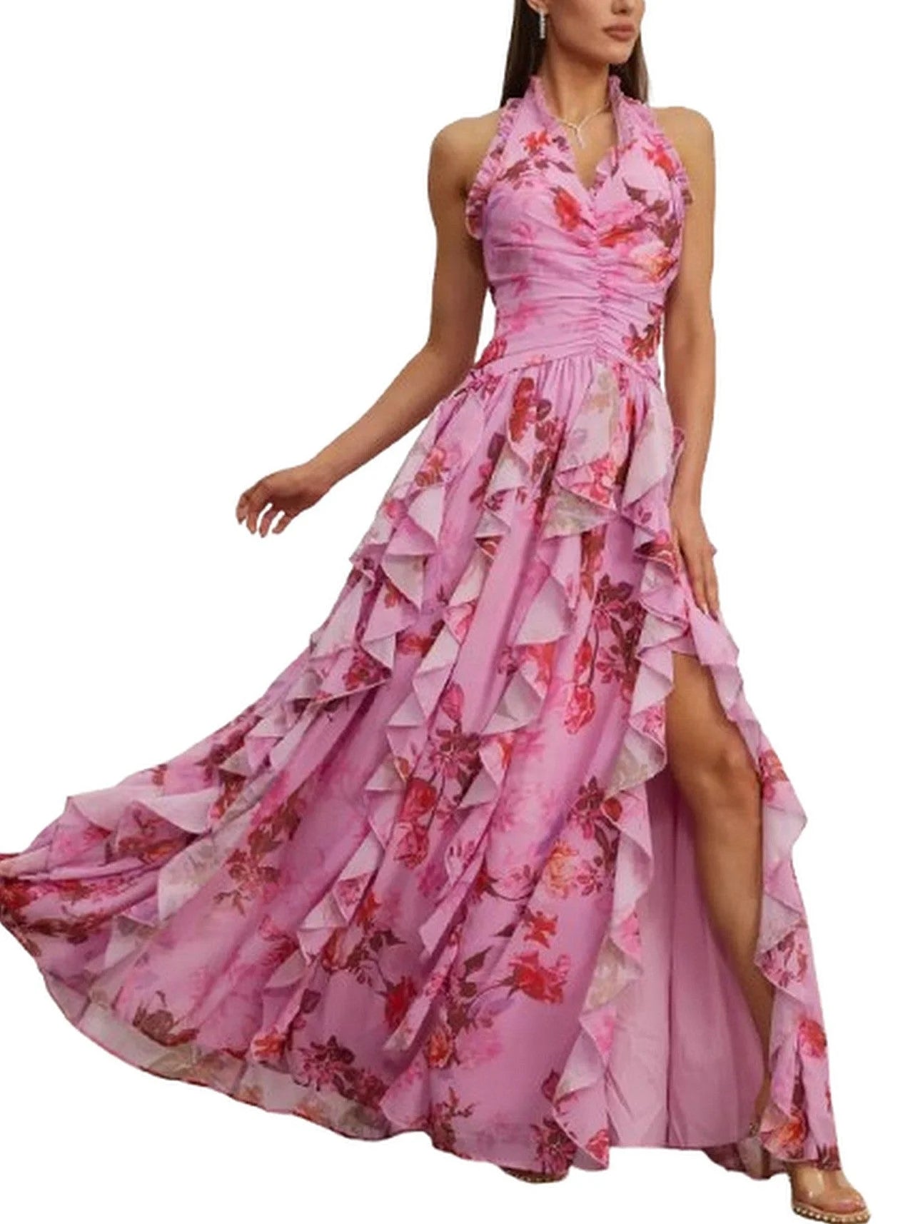 Pink Floral Ruffle Halter Maxi Dress - Dresses