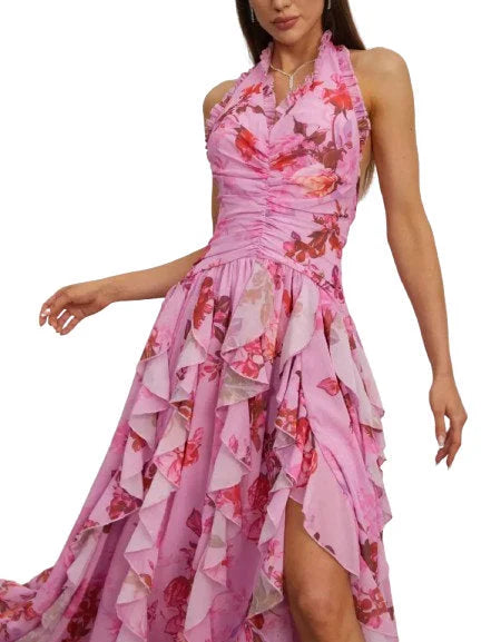 Pink Floral Ruffle Halter Maxi Dress - Dresses