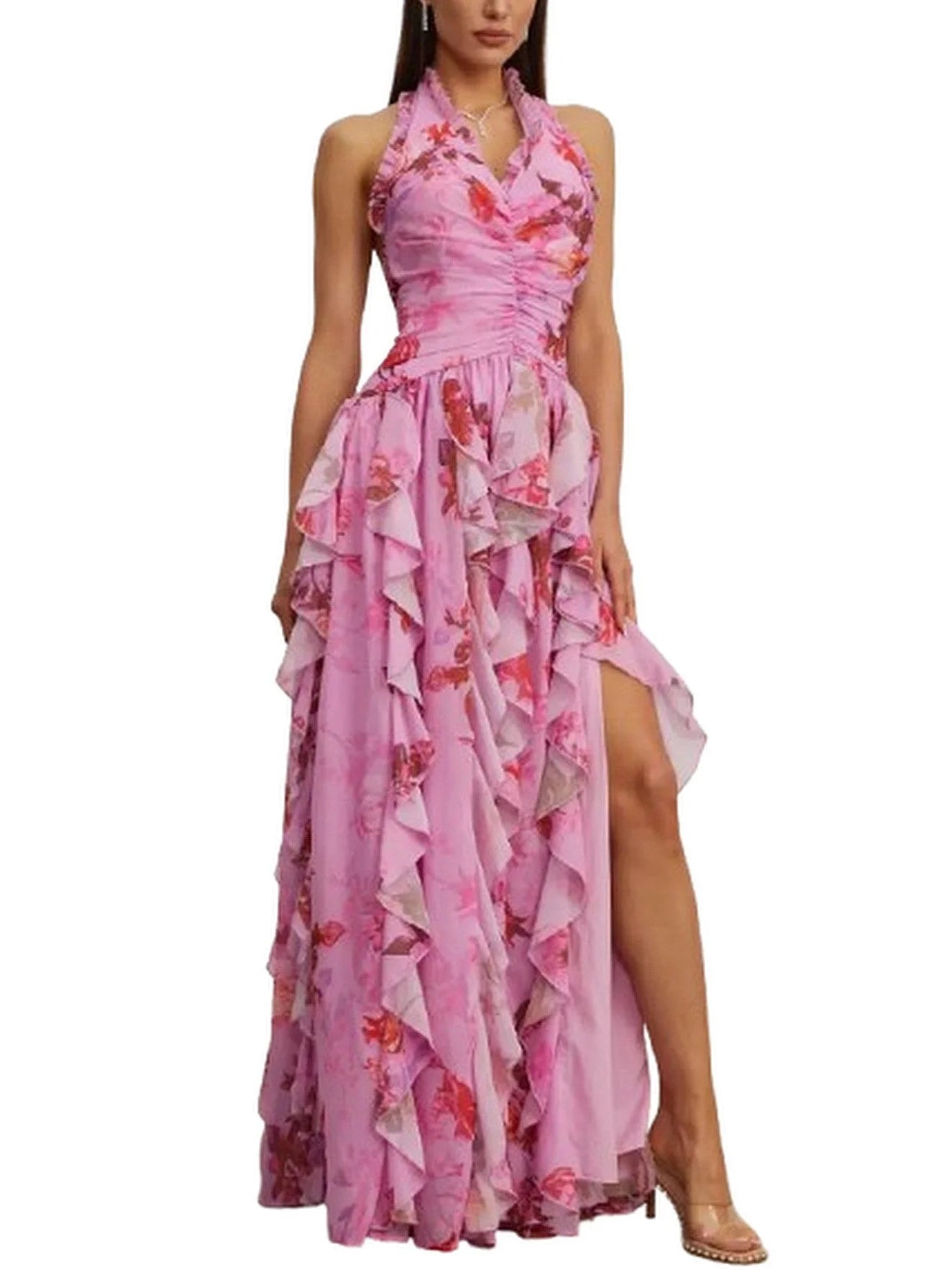 Pink Floral Ruffle Halter Maxi Dress - Dresses