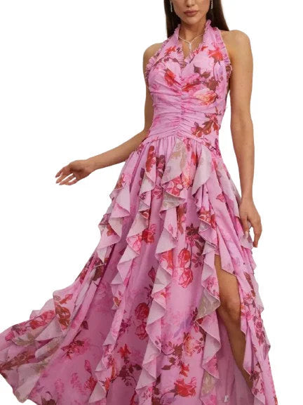 Pink Floral Ruffle Halter Maxi Dress - Dresses