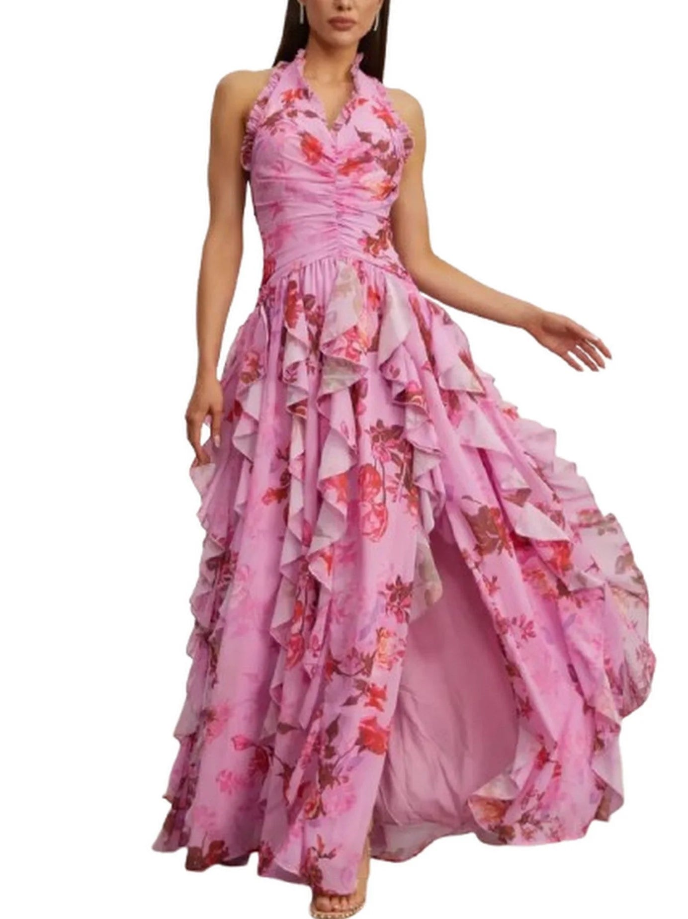 Pink Floral Ruffle Halter Maxi Dress - Dresses