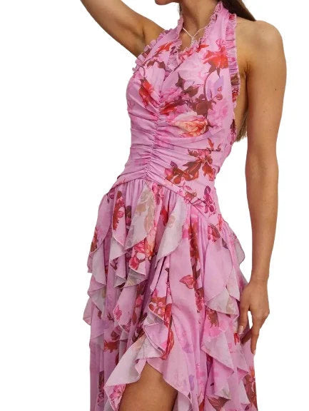 Pink Floral Ruffle Halter Maxi Dress - Dresses