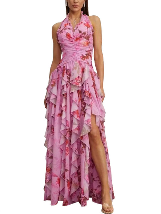 Pink Floral Ruffle Halter Maxi Dress - Small - Dresses